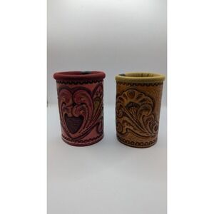Vintage Hand Tooled Leather Can Koozies Set of 2 Western Floral Drink Cozies